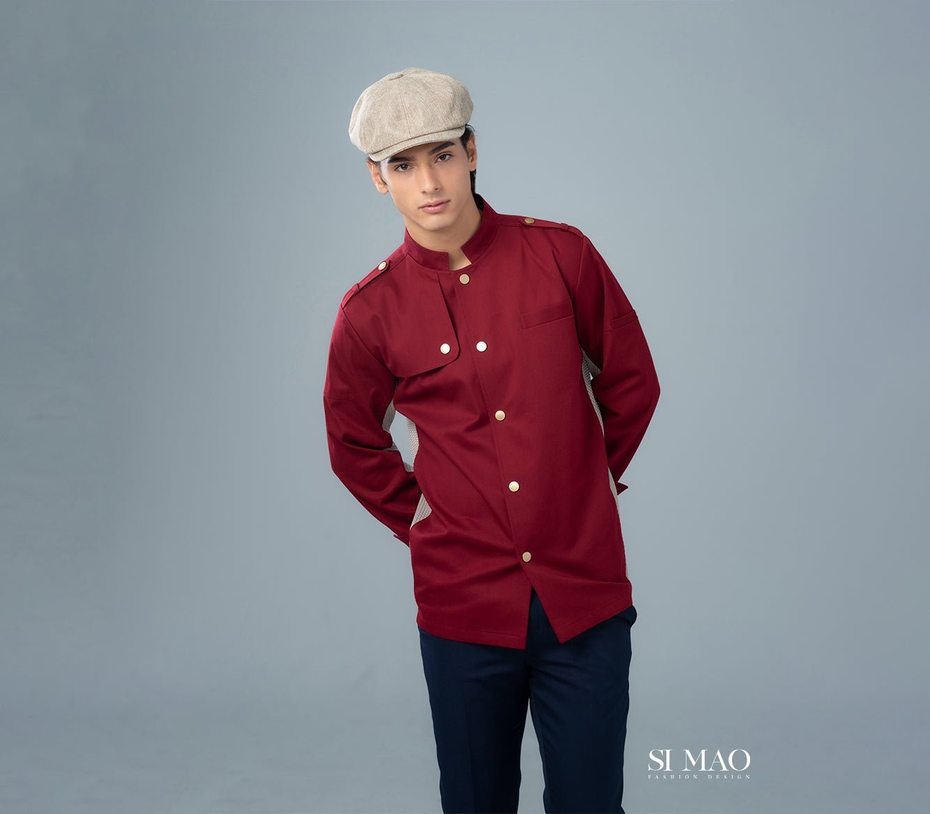 暗紅色單排五釦成套廚師服