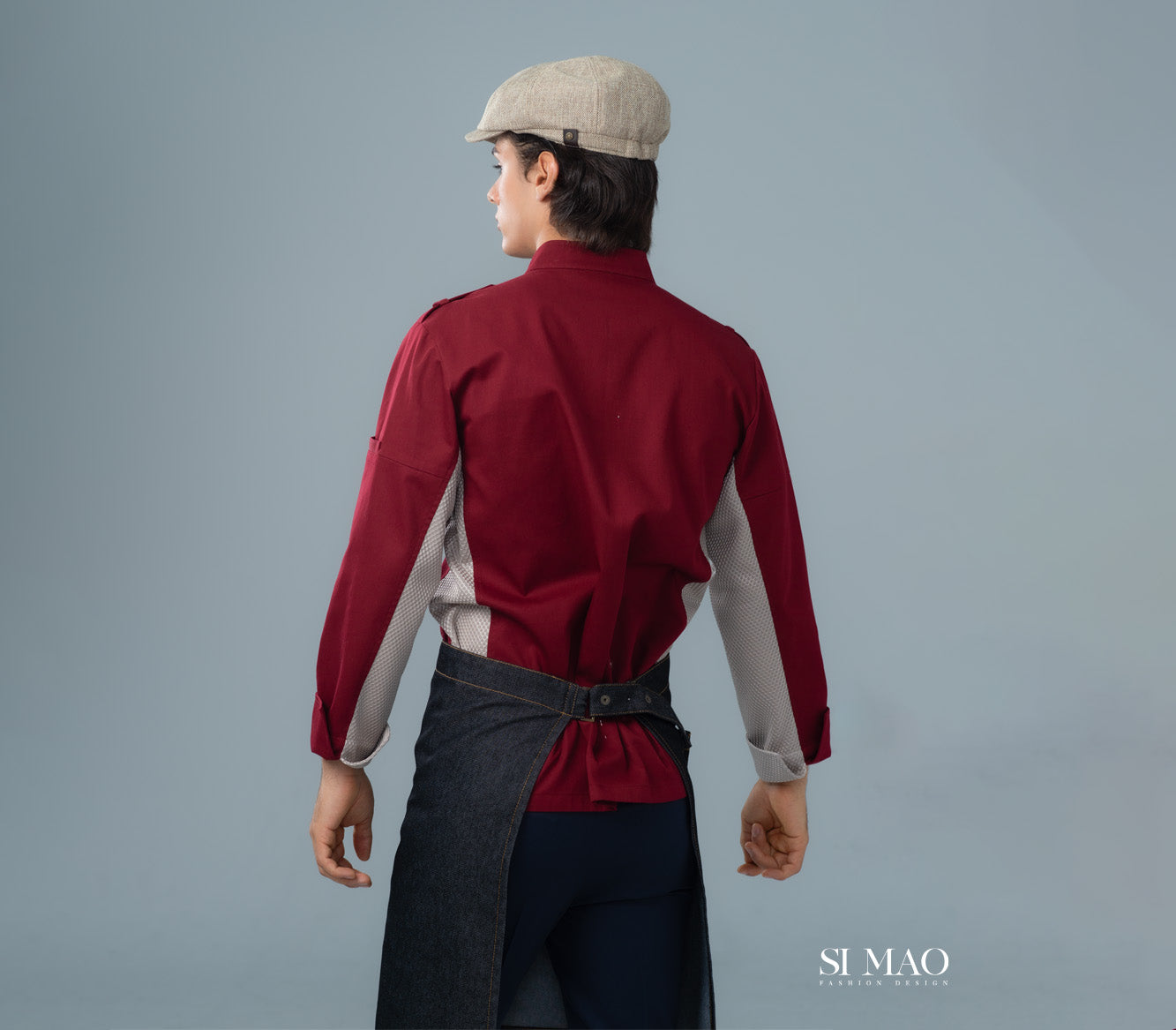 暗紅色單排五釦成套廚師服