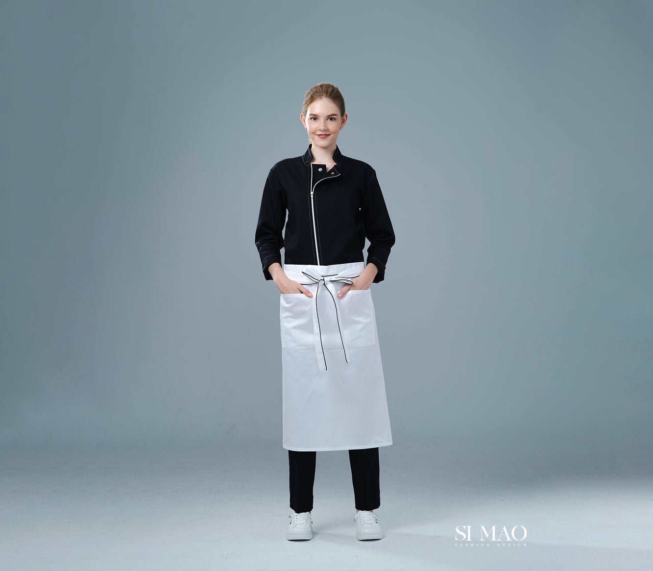 沉穩全黑拉鍊廚師服