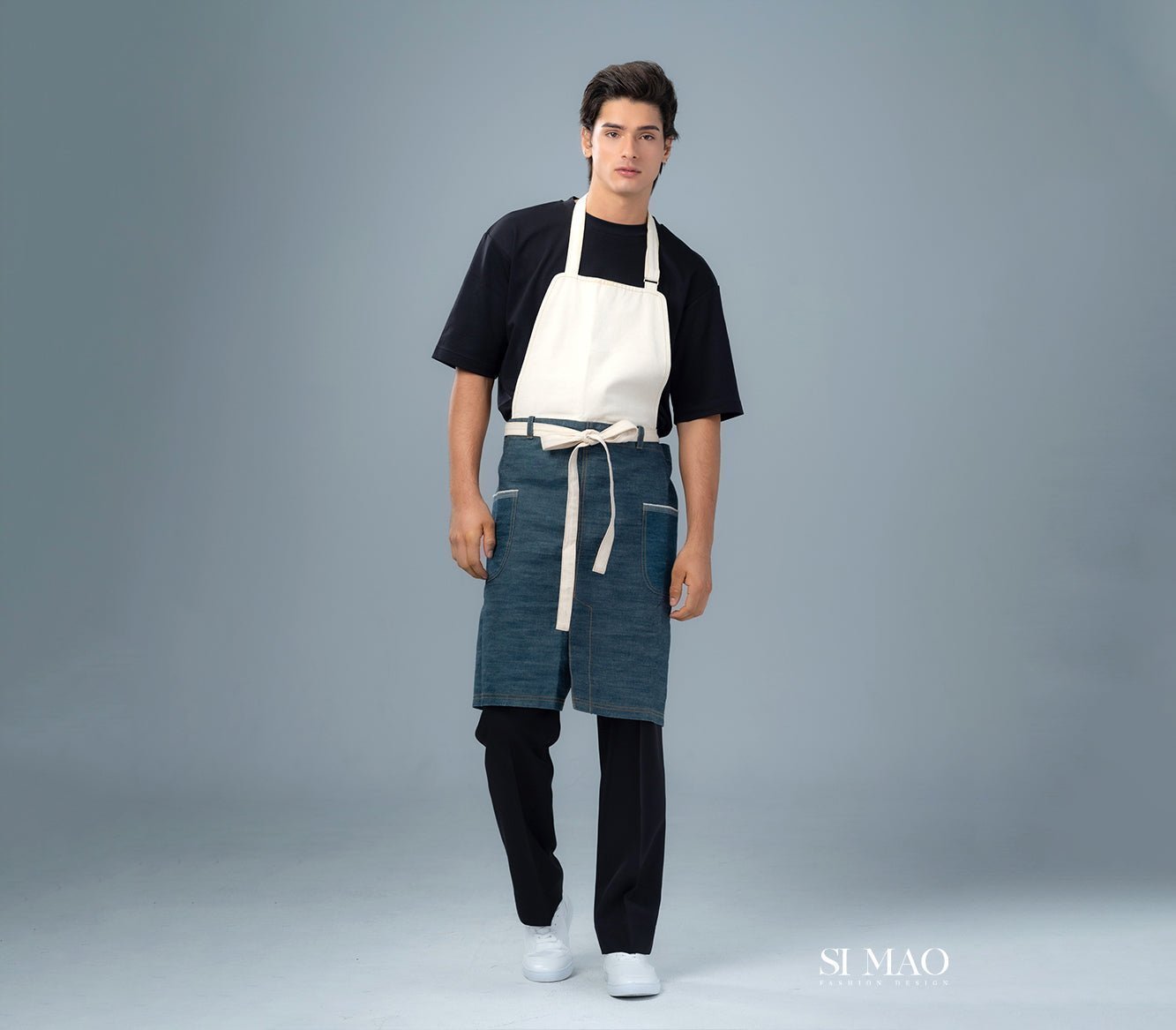 日式單寧拼接圍裙外場服
