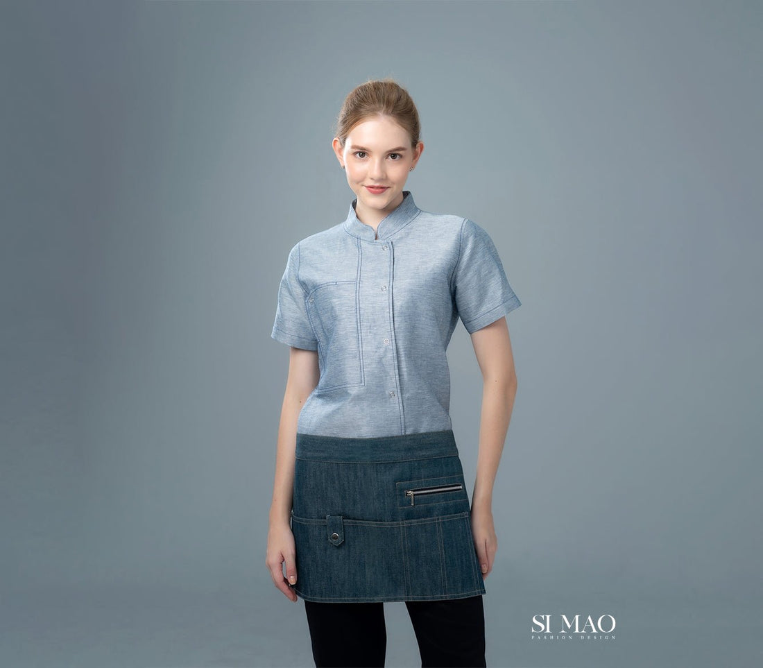 立領灰藍短袖外場服