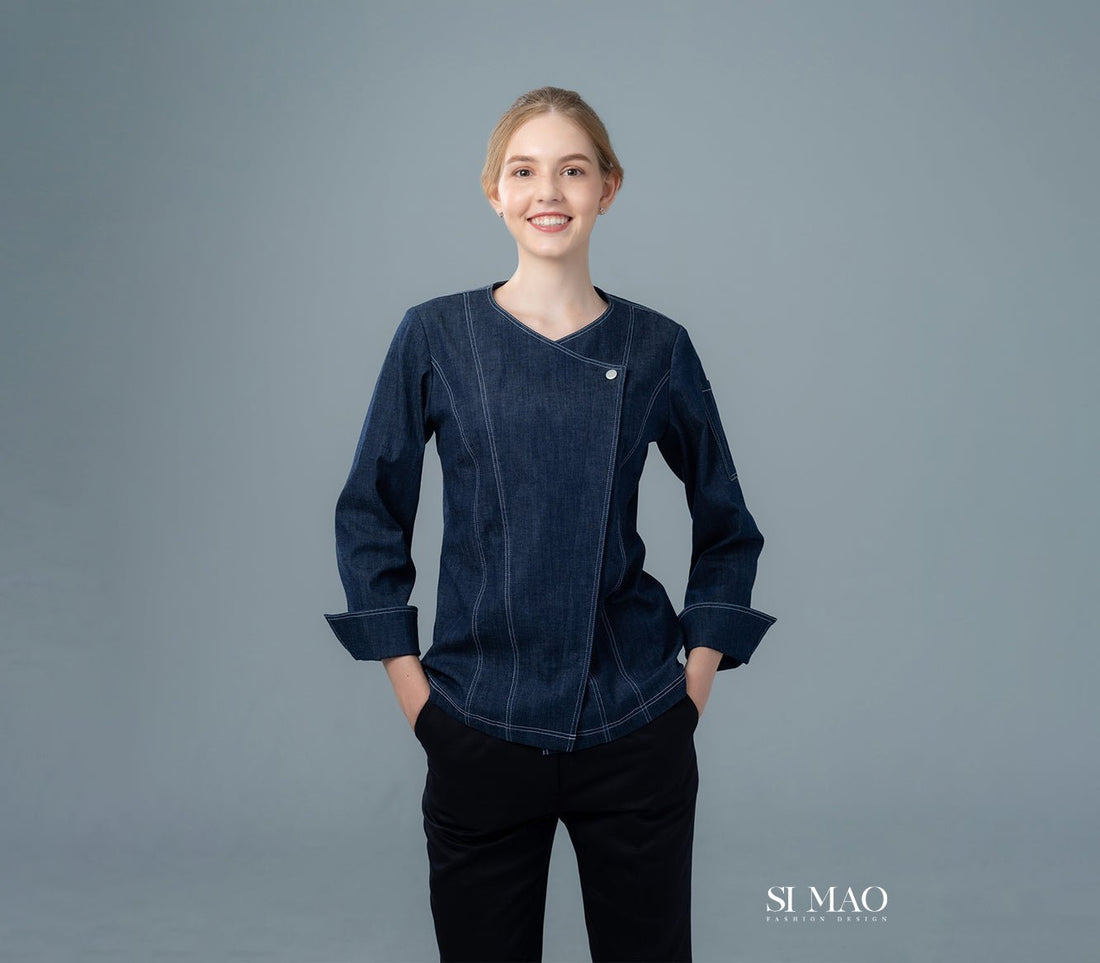 丹寧斜釦修身廚師服