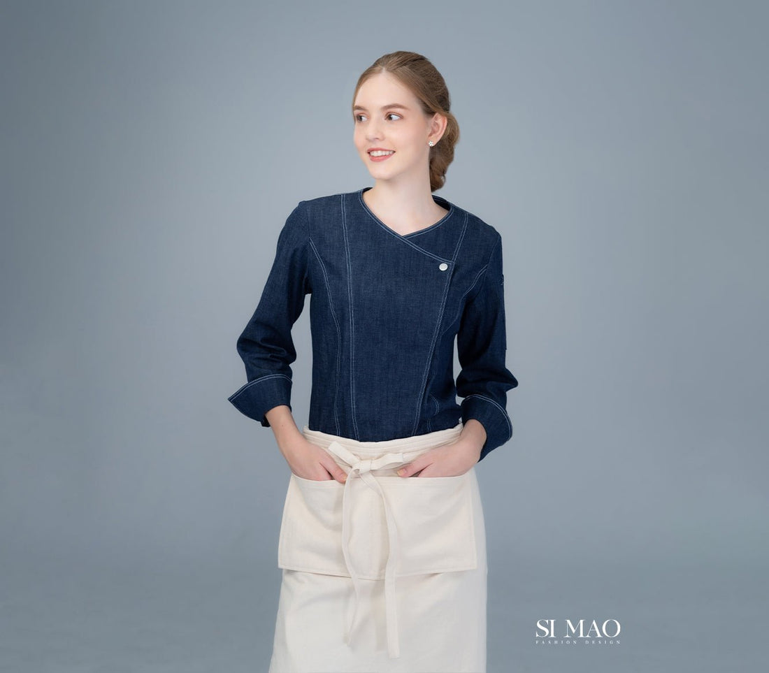 丹寧斜釦修身廚師服