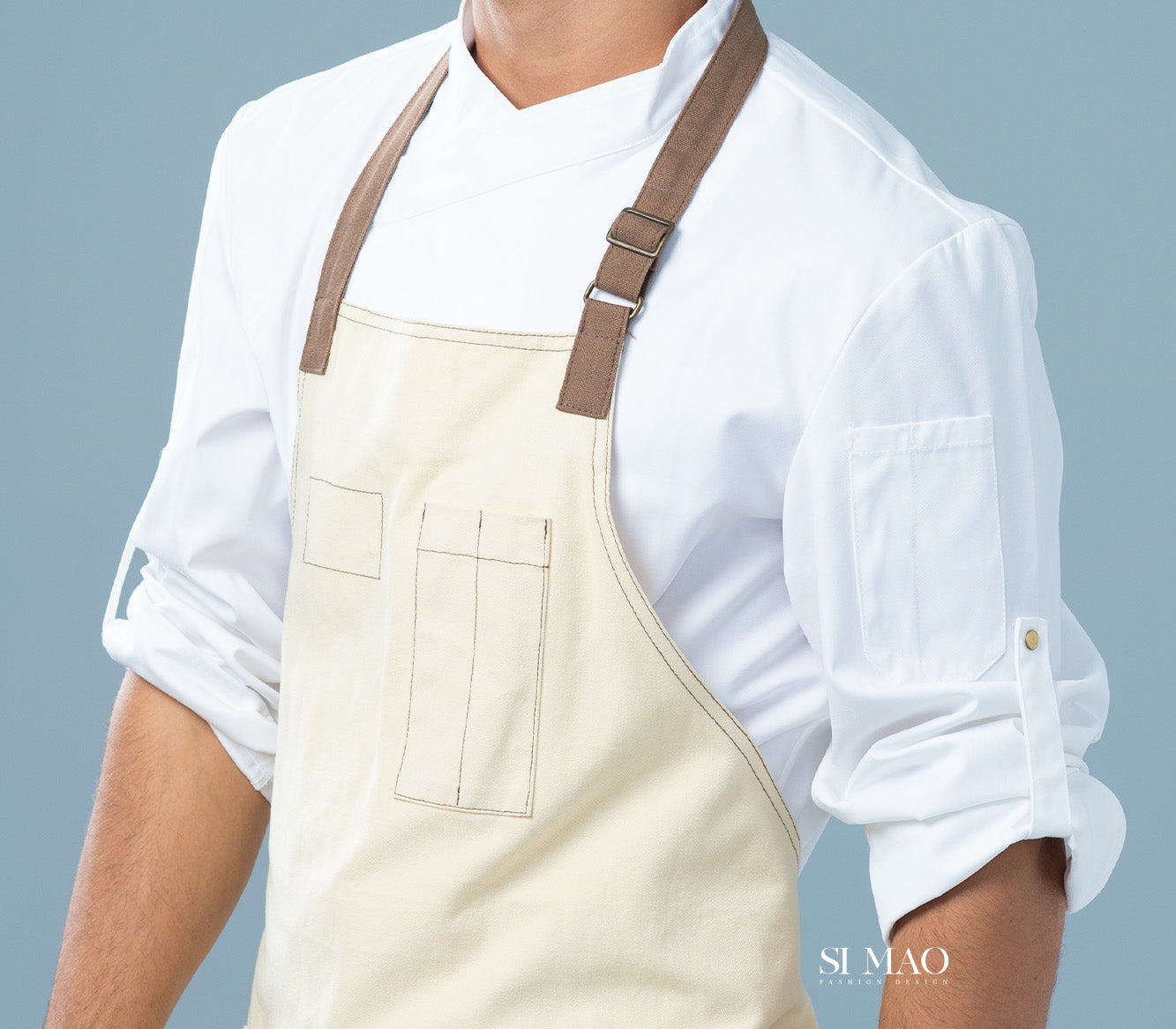 白衫米吊帶圍裙成套廚師服