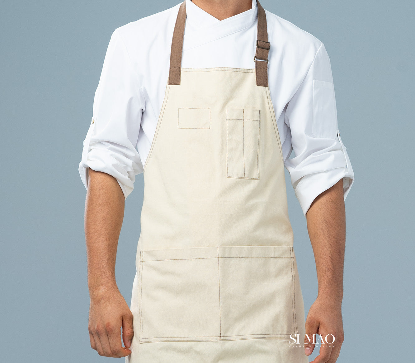 白衫米吊帶圍裙成套廚師服