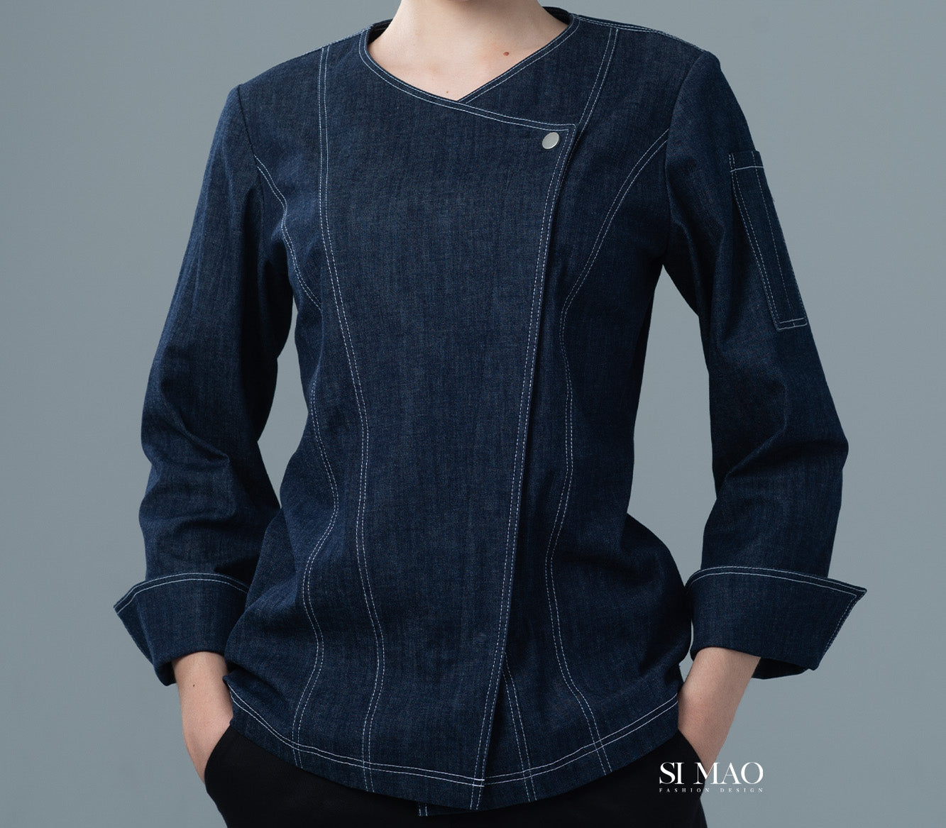 丹寧斜釦修身廚師服