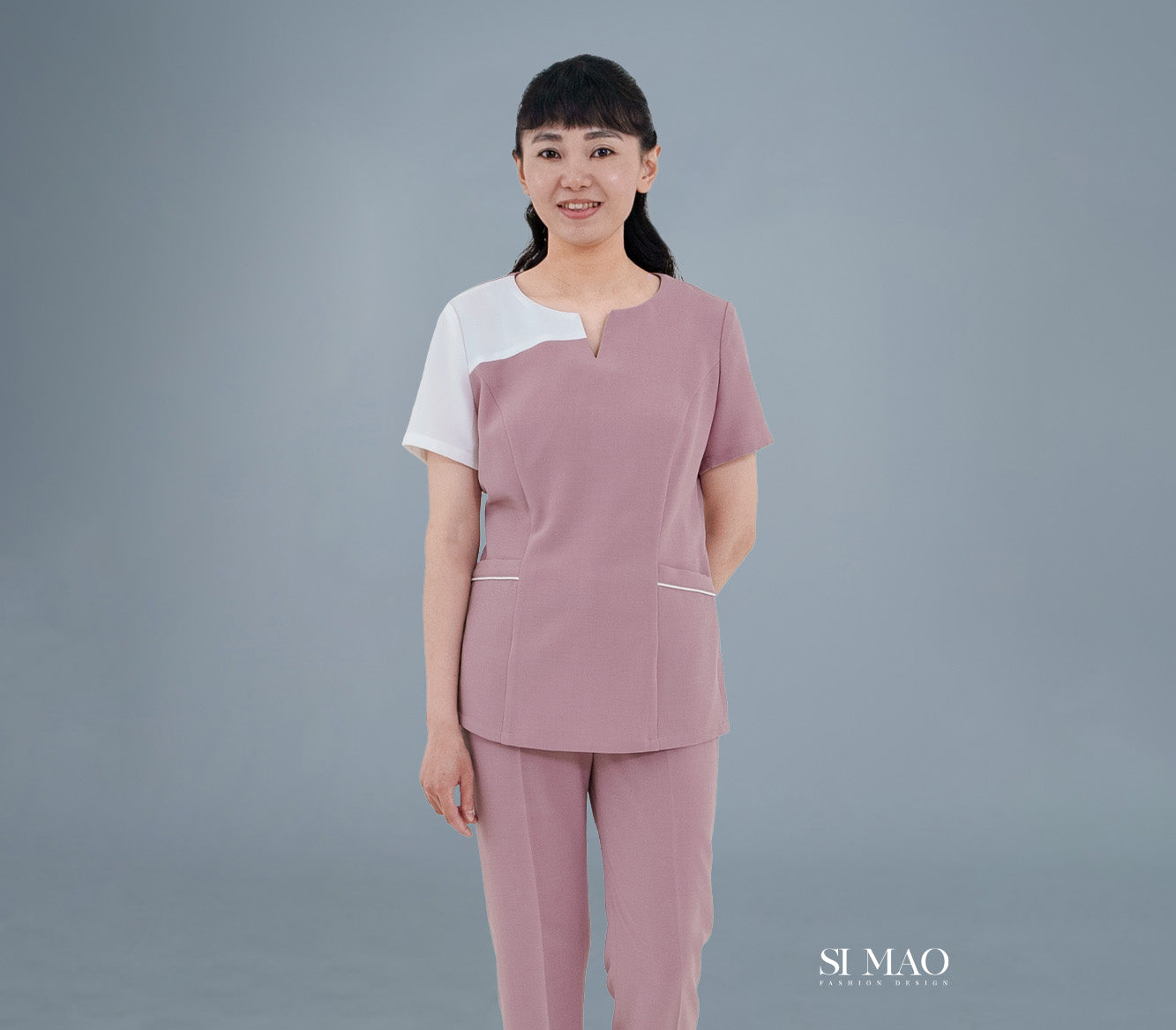 桃粉白拼色刷手服