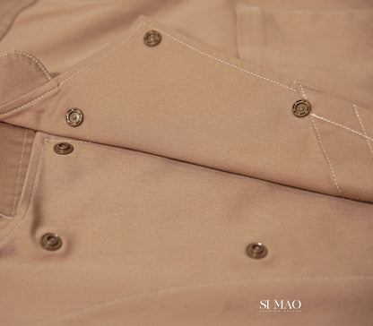 卡其亮面短袖藍圍裙廚師服