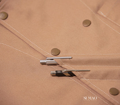 卡其亮面短袖藍圍裙廚師服