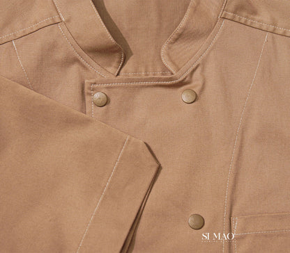 卡其亮面短袖藍圍裙廚師服