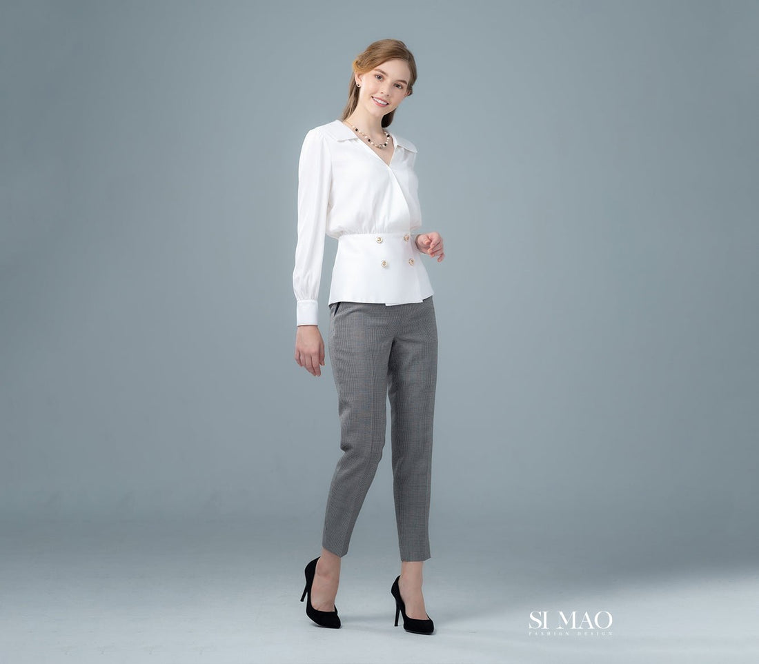優雅白色雙排釦襯衫套裝