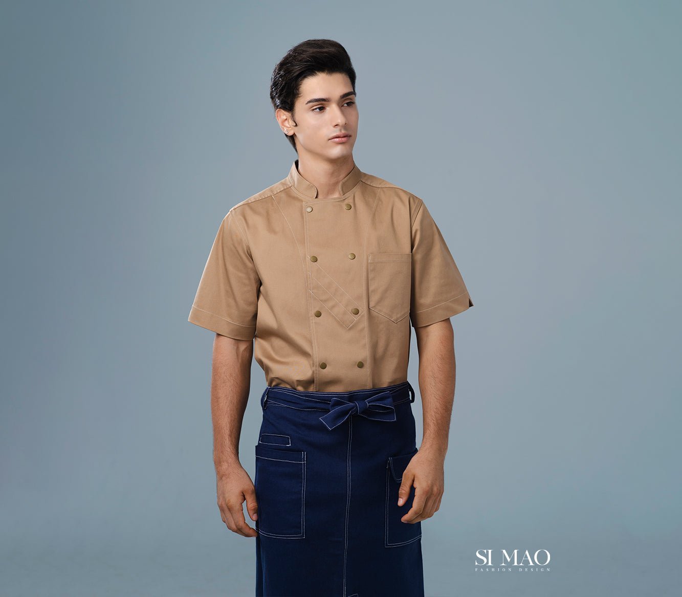 卡其亮面短袖藍圍裙廚師服