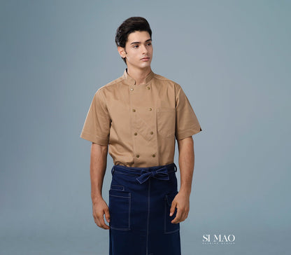 卡其亮面短袖藍圍裙廚師服