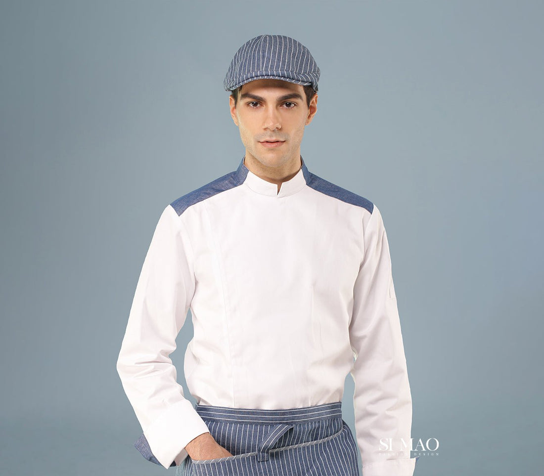 淺藍直紋拼接廚師服