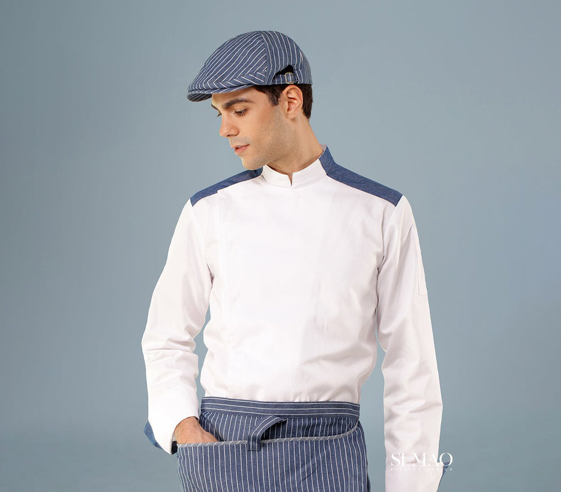 淺藍直紋拼接廚師服