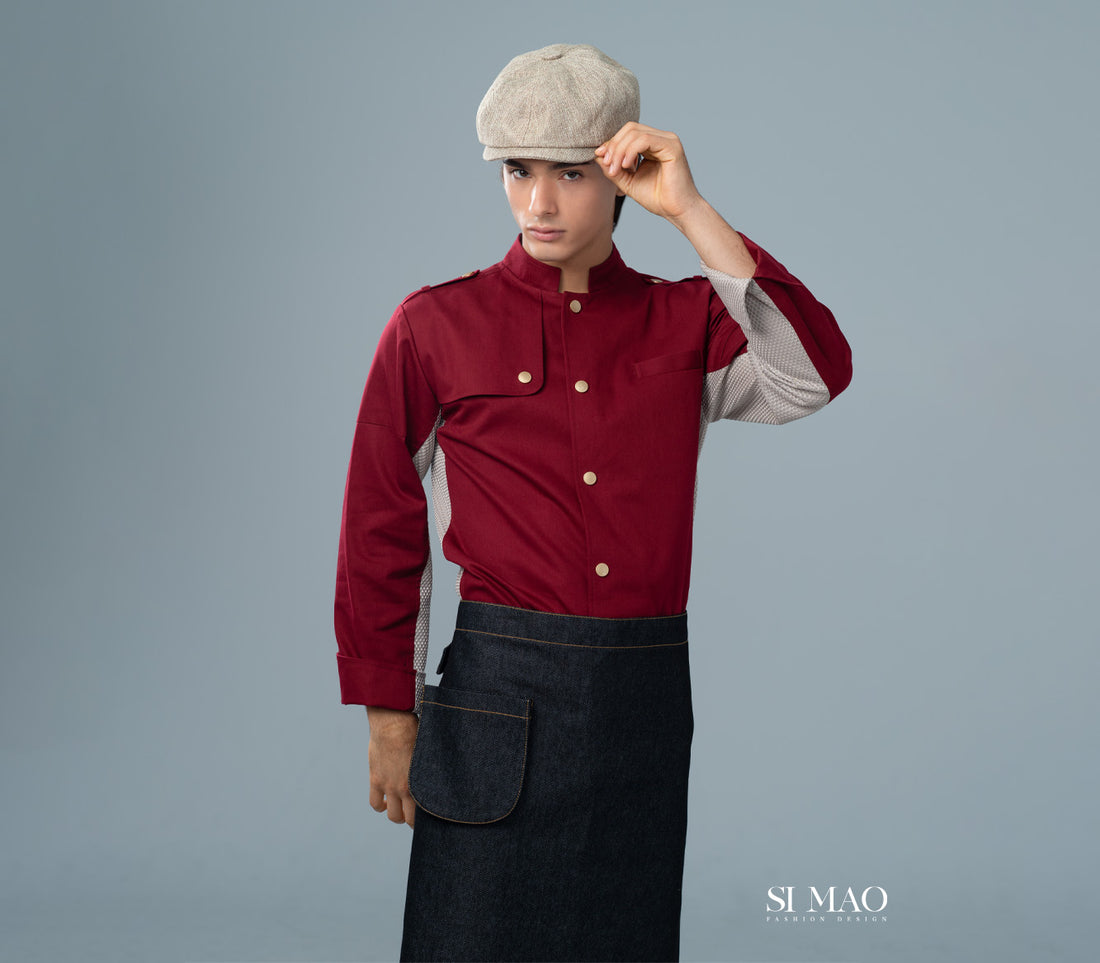 暗紅色單排五釦成套廚師服