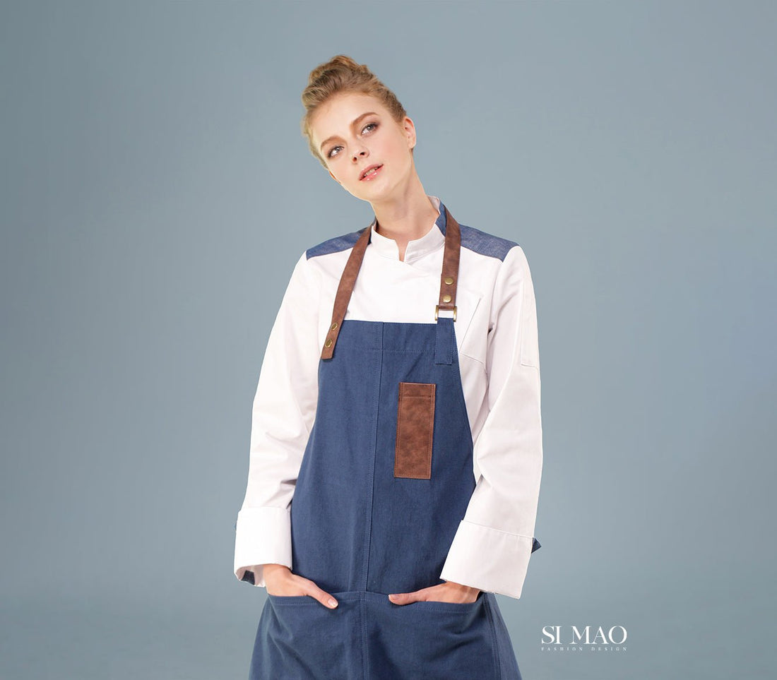 藍咖拼色吊帶圍裙廚師服