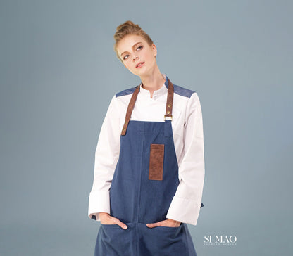 藍咖拼色吊帶圍裙廚師服