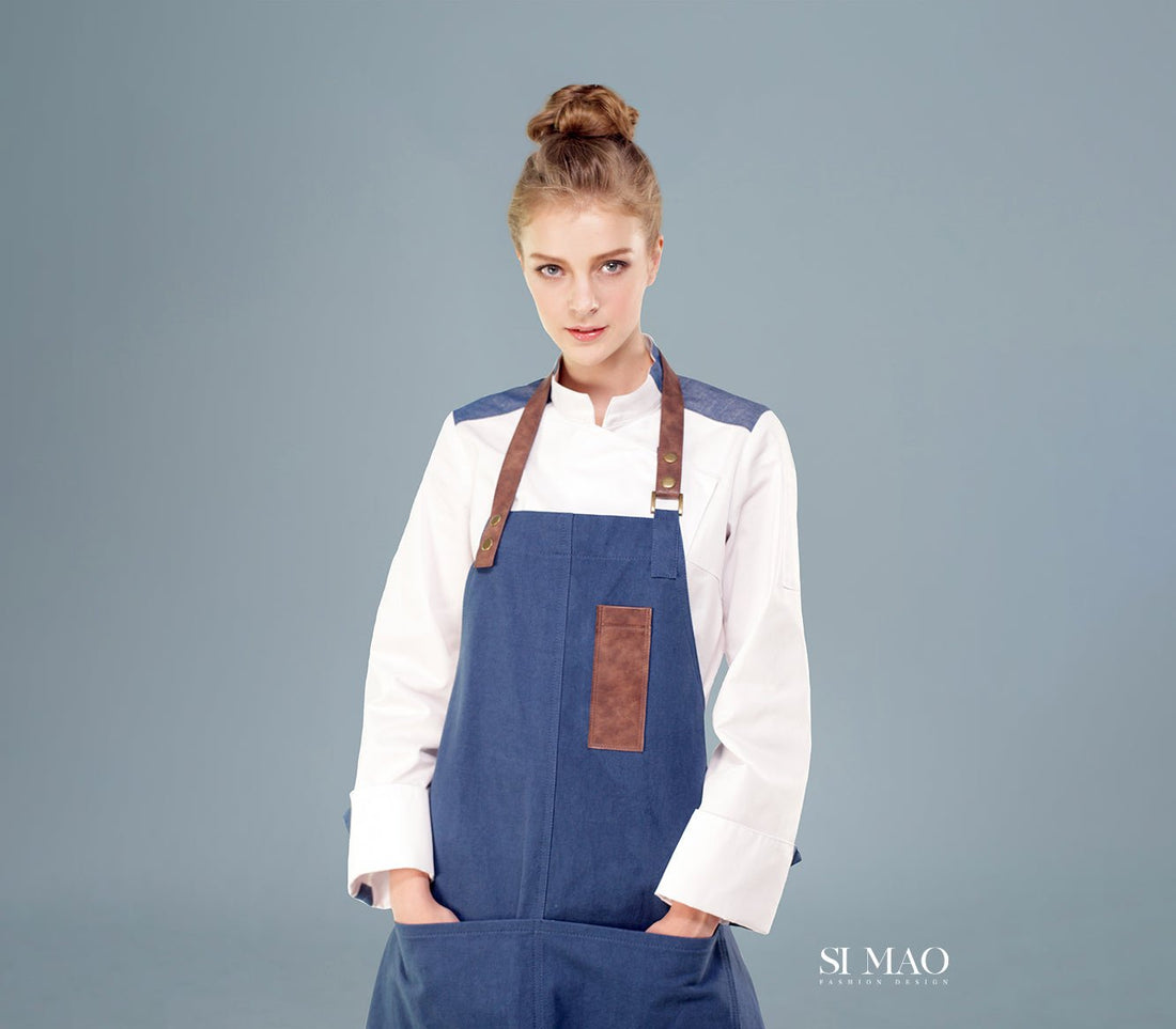 藍咖拼色吊帶圍裙廚師服