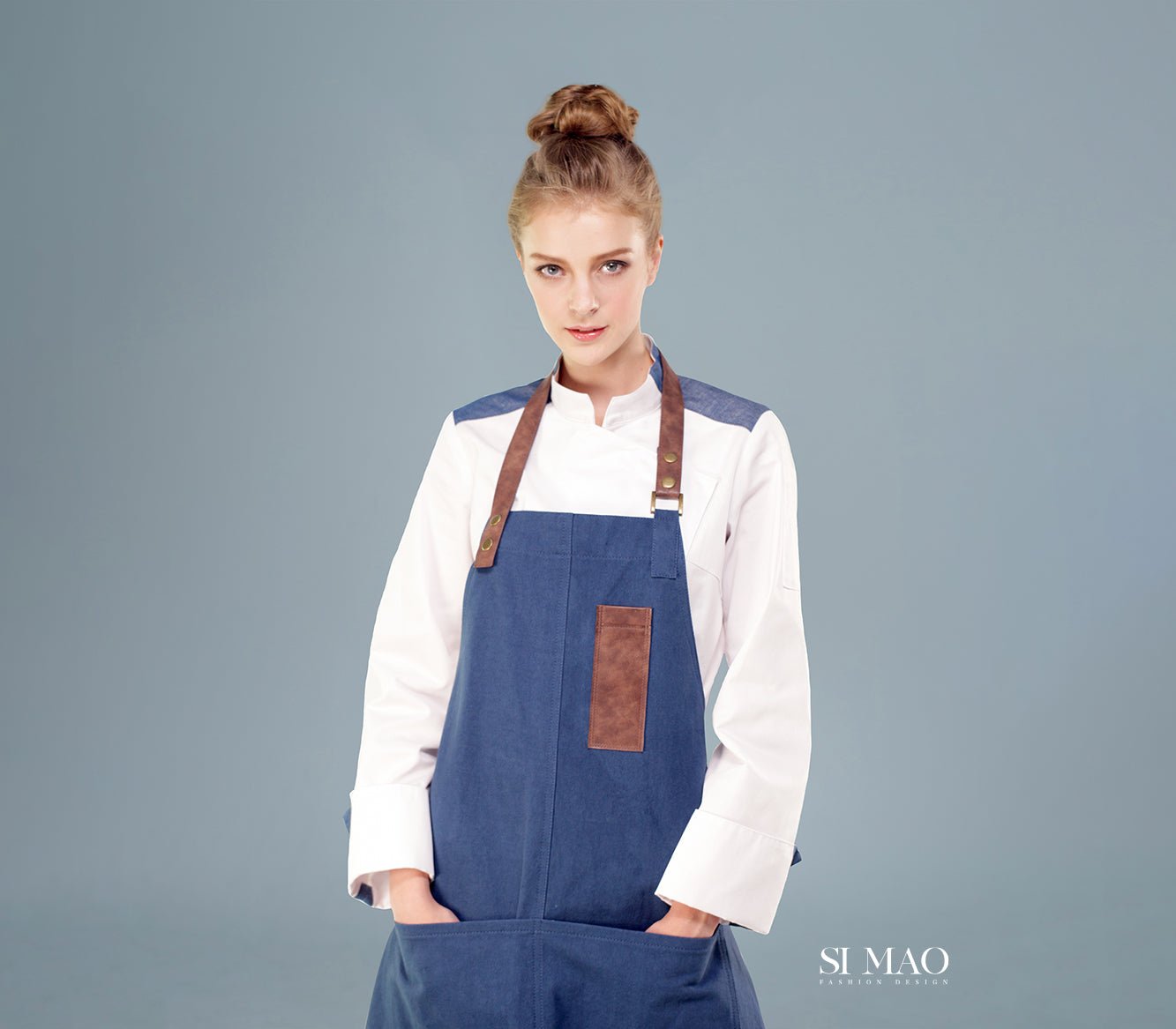 藍咖拼色吊帶圍裙廚師服