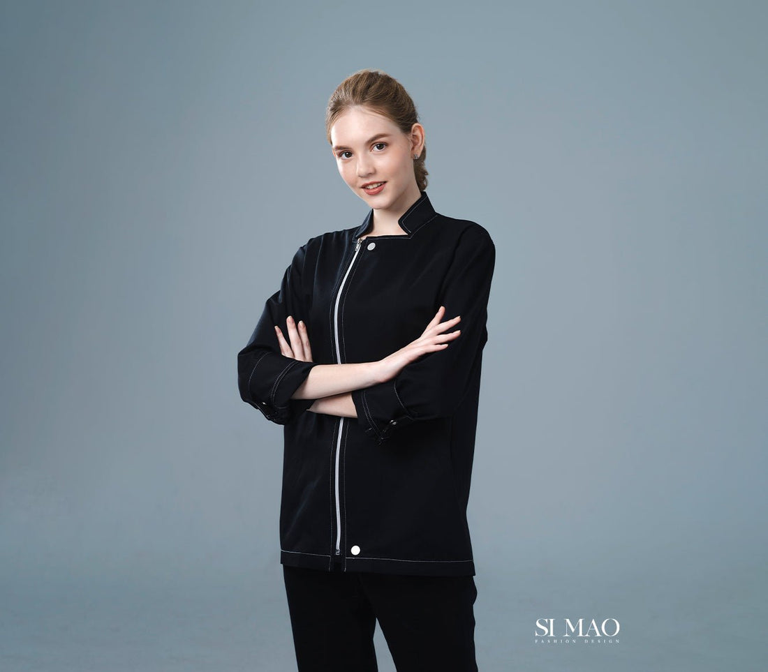 沉穩全黑拉鍊廚師服