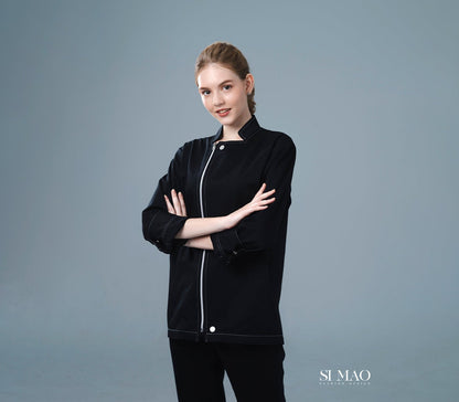 沉穩全黑拉鍊廚師服