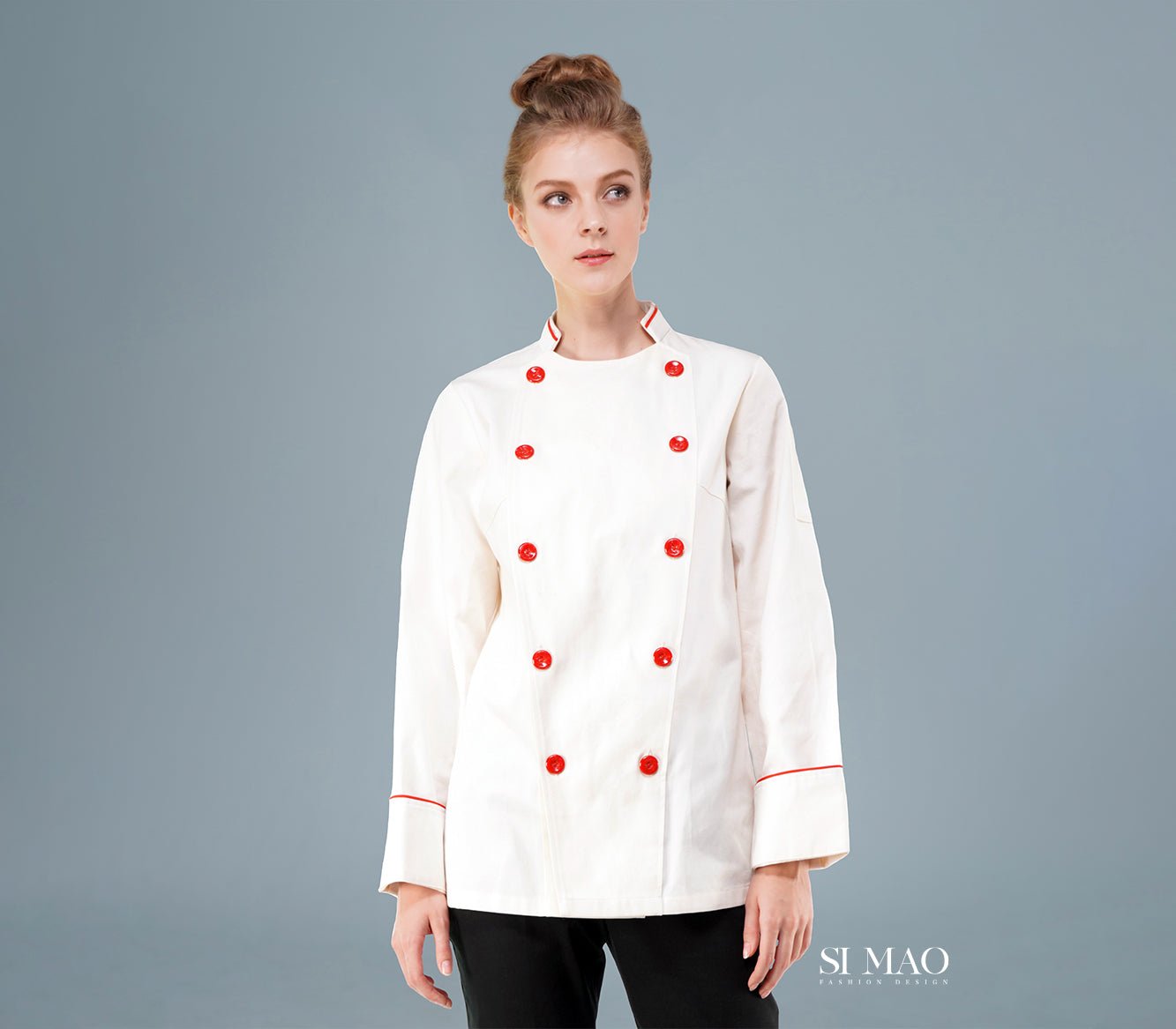 白色紅釦前衛廚師服