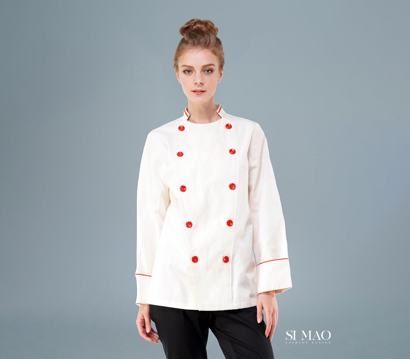 白色紅釦前衛廚師服