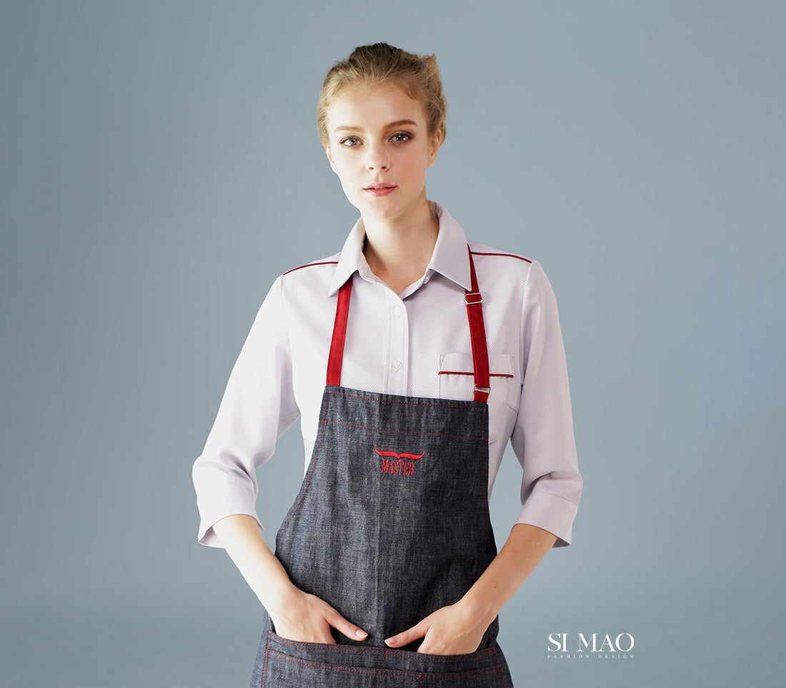 丹寧圍裙紅色線條外場服