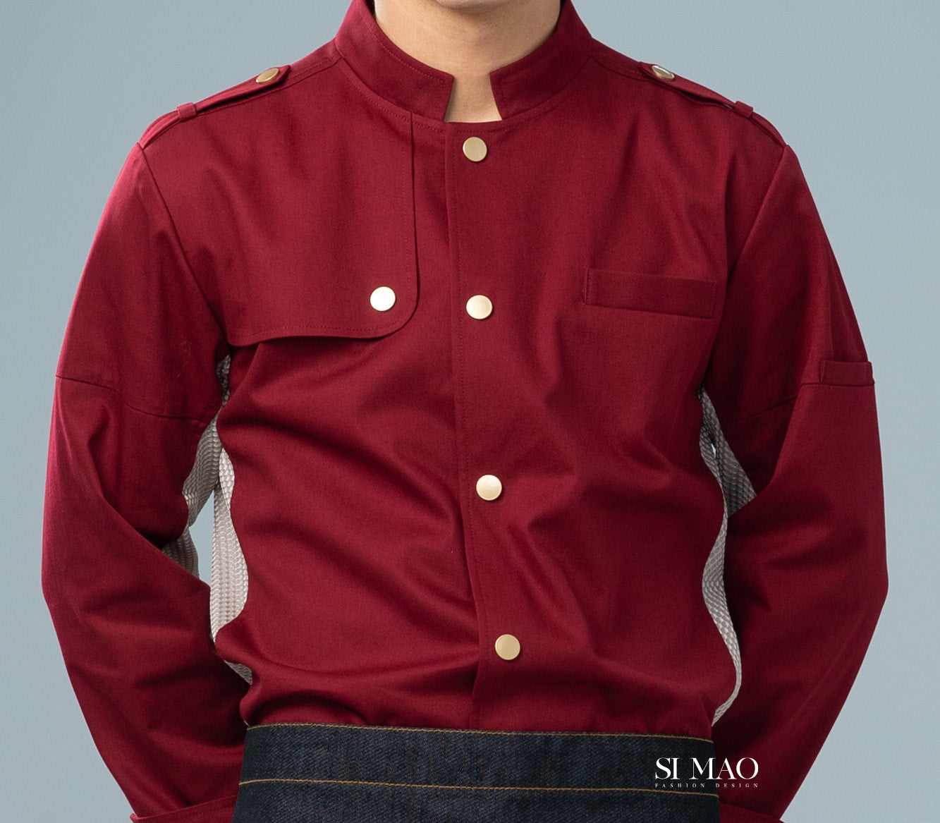 暗紅色單排五釦成套廚師服