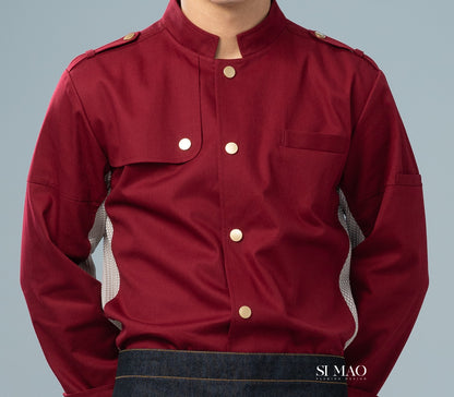 暗紅色單排五釦成套廚師服