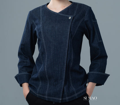 丹寧斜釦修身廚師服