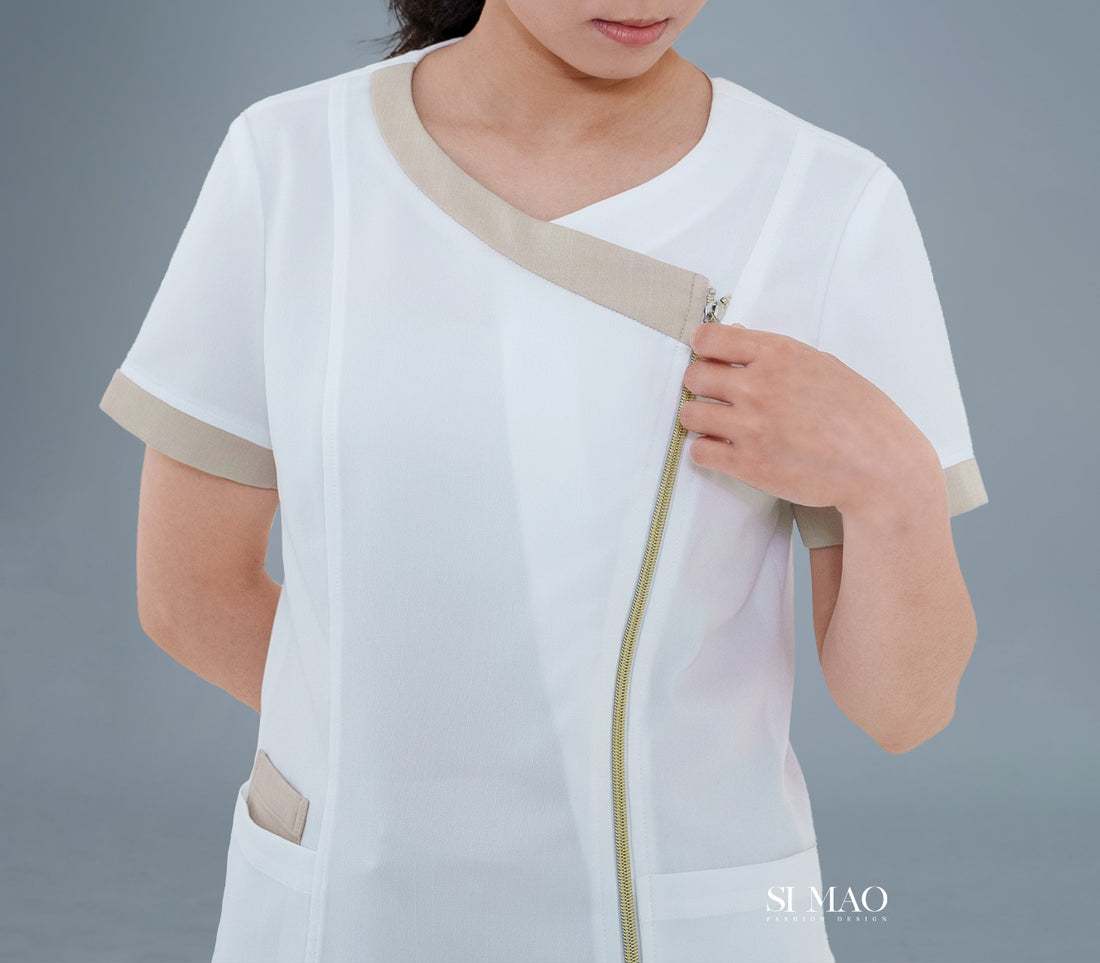 杏白拼色刷手服