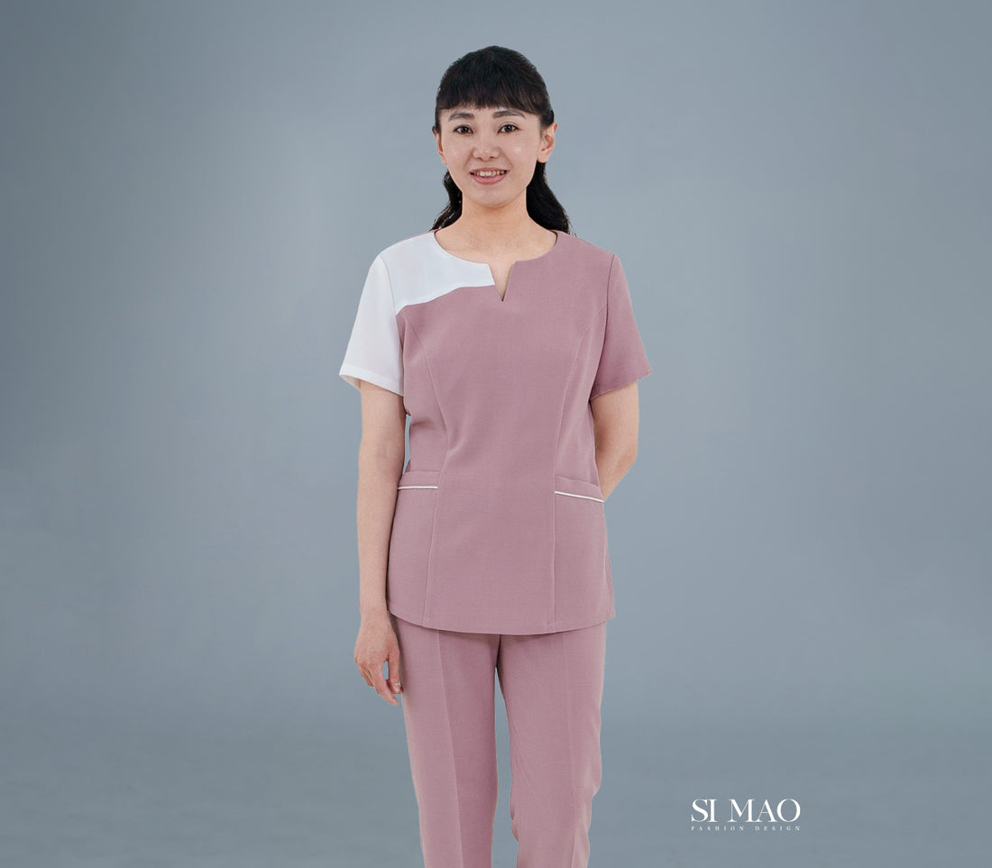 桃粉白拼色刷手服