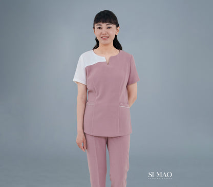 桃粉白拼色刷手服