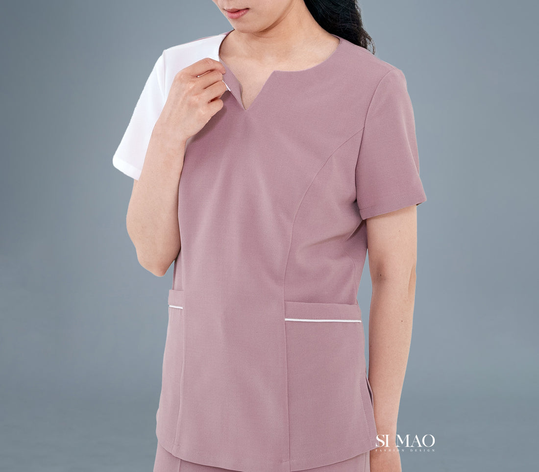 桃粉白拼色刷手服