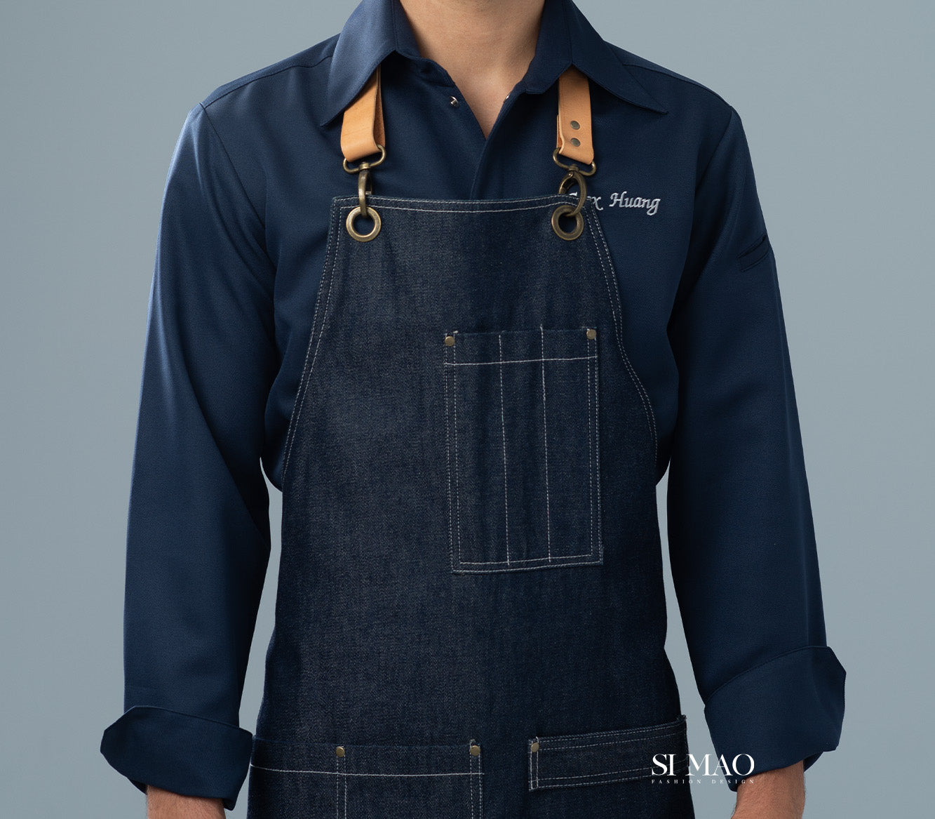 深藍率性吊帶圍裙成套外場服